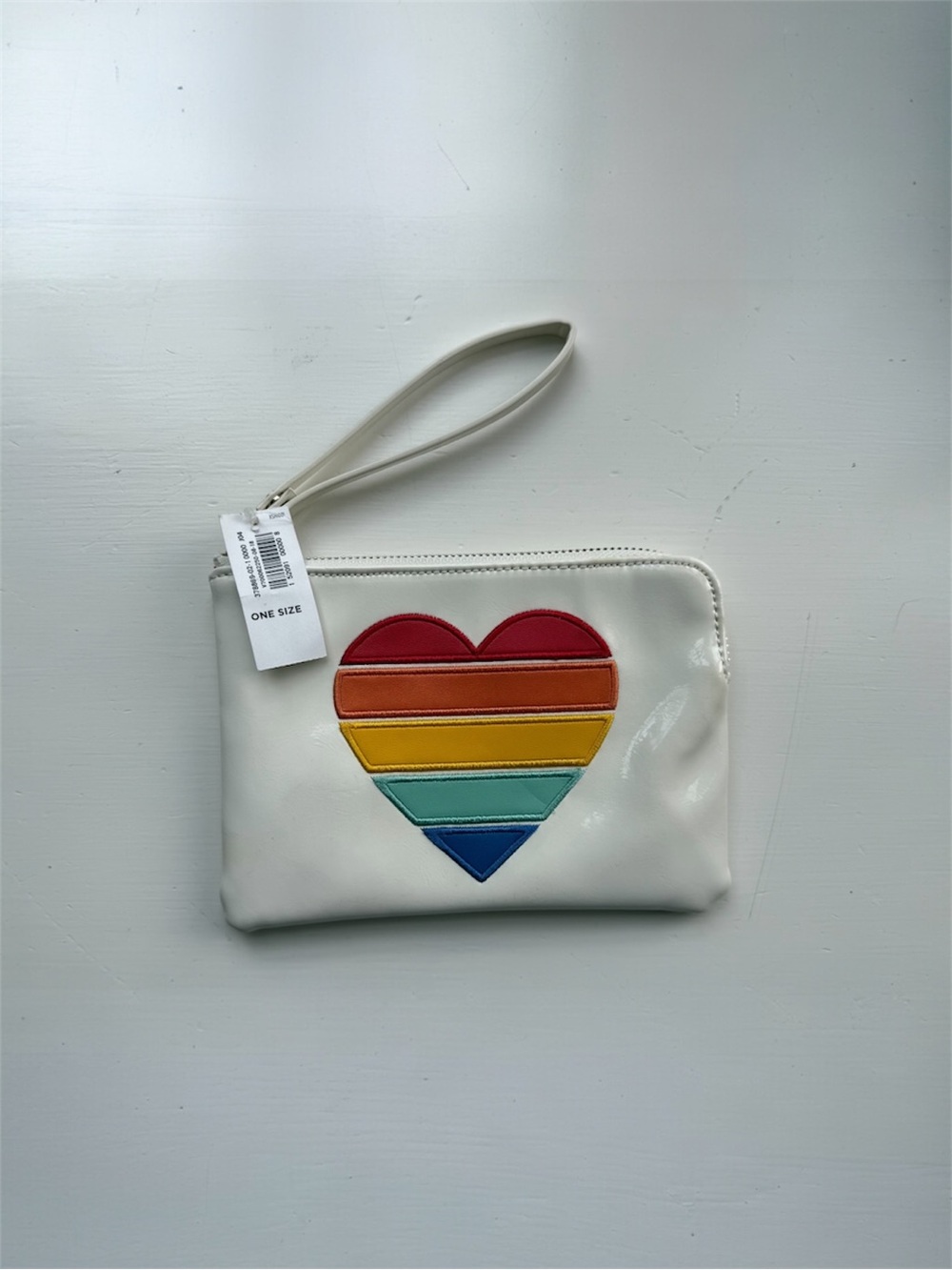 Brand New! Old Navy white faux-leather Wristlet with Rainbow Heart Graphic